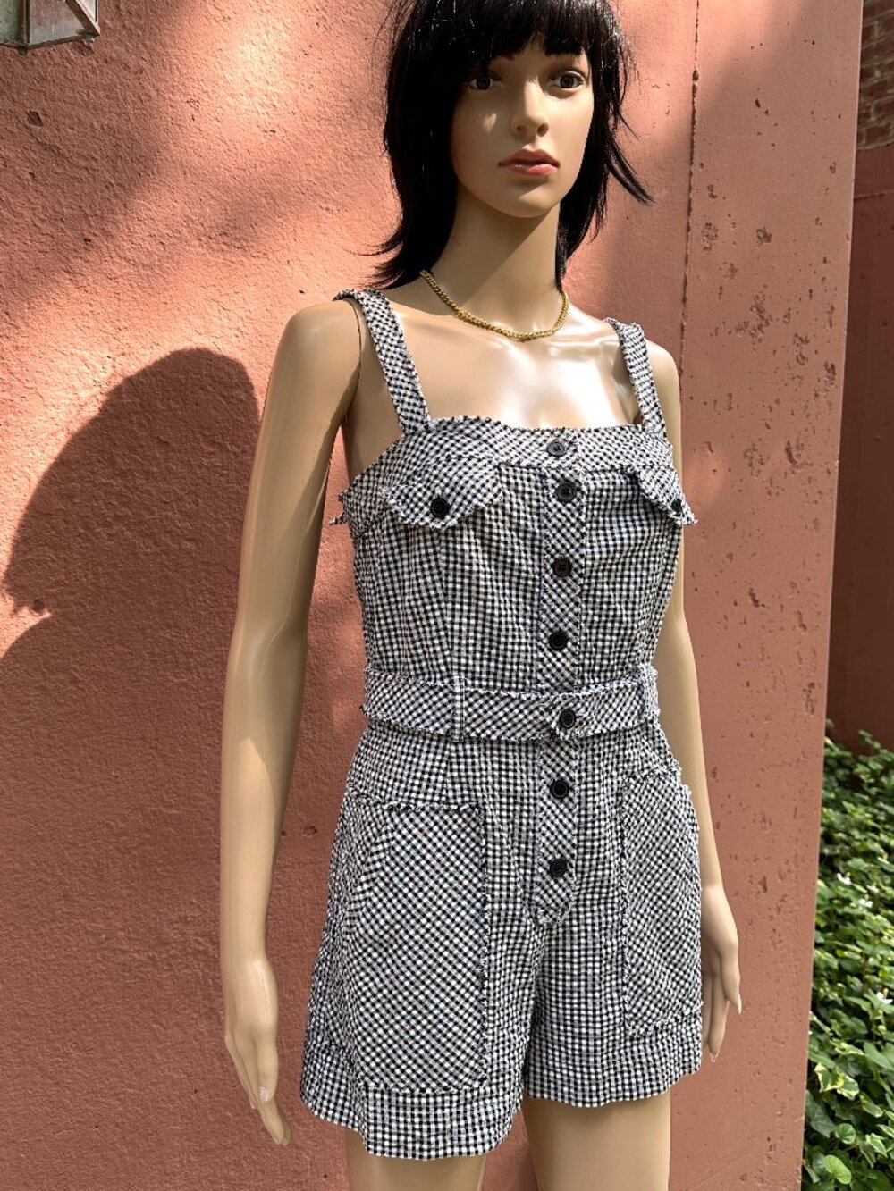 Black White Womens Gingham Button Sleeveless Romper Playsuit with Belt, Pockets
